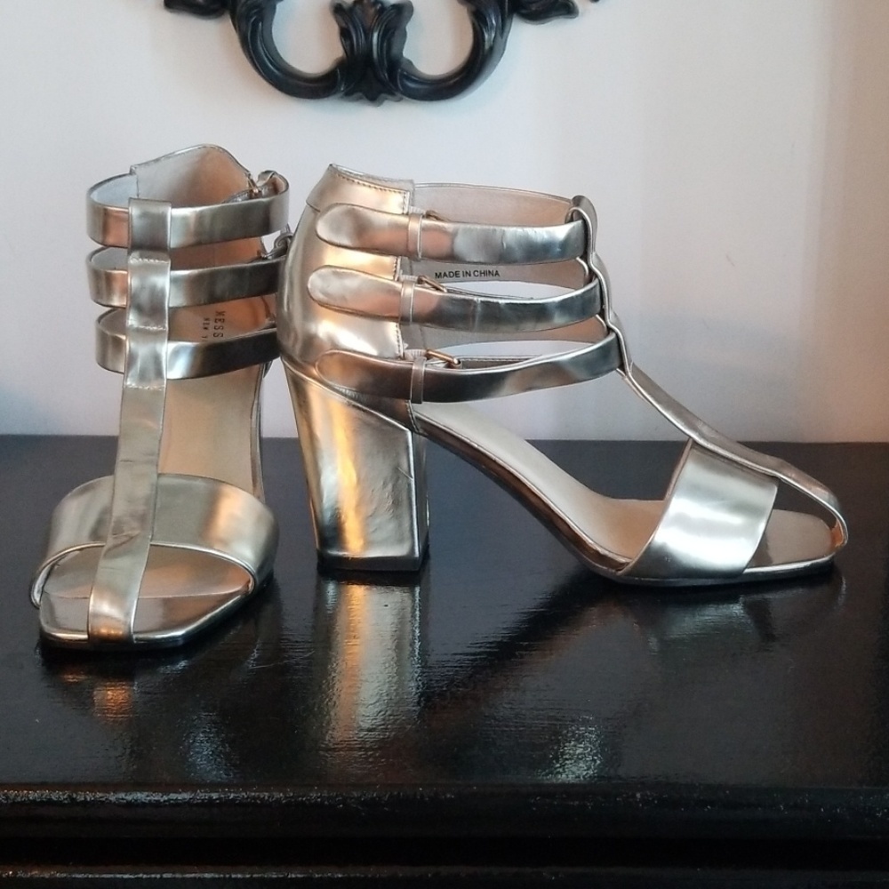 Silver leather strappy heels